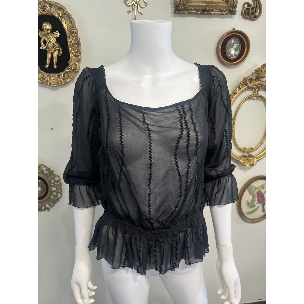 Nicole Miller New York Vintage Y2K Black 100% Silk Sheer Blouse Top Size L